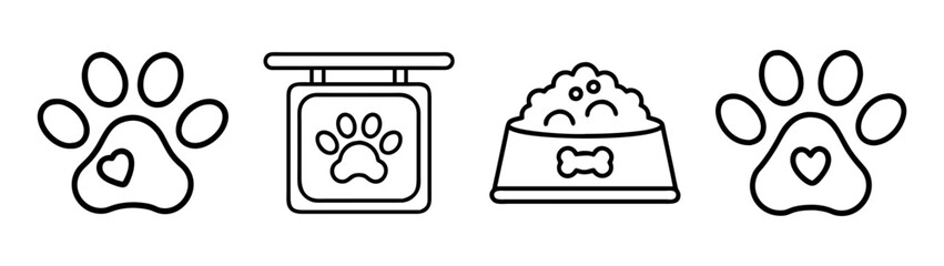 Obraz premium Dog paw print vector art with dog food bowl and dog shampoo for pet care and animal lovers
