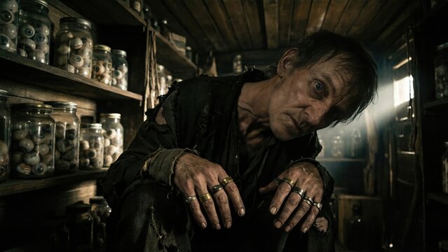 Elder creepy man with rings on fingers looking at camera in eerie chamber with glass jars containing human eyes for dark fantasy concept.
