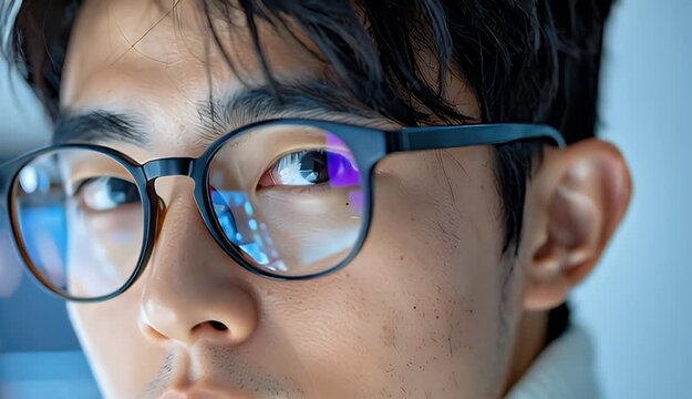 Close Up Of A Young Man Wearing Black Eyeglasses Focusing On Digital Screen Reflections In A Modern Office Environment