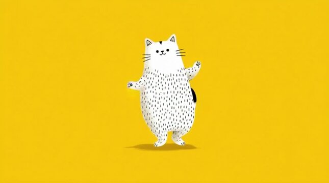 A cartoon cat performing a funny dance on a bright yellow background with a playful mood.