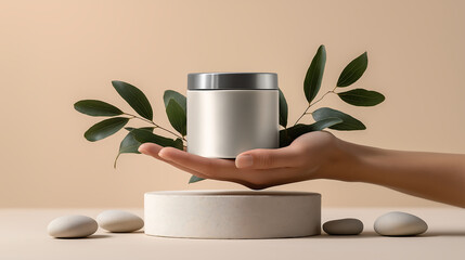 Cloud Dancer themed A hand holding a silver container green leaves on a beige background Colour of the Year 2026