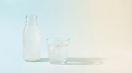 Glass bottle and a clear glass of water with ice on a pale blue background. Refreshing drink concept for healthy beverage, hydration, and cool refreshment. Minimalism.