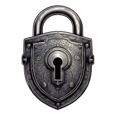 Intricate silver lock on a shield, dark background
