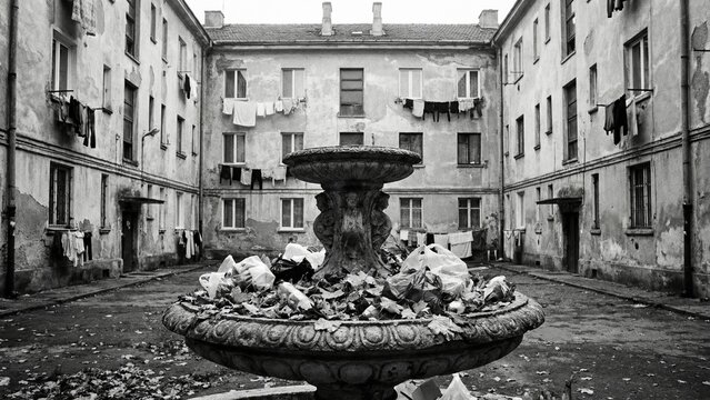Old fountain full of trash in a courtyard of a historic building in an old russian or eastern european town. Nostalgic view of historical city