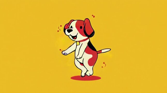 Cartoon beagle dog performing a funny dance on a bright yellow background with a cheerful mood.