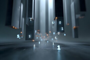 AI-powered finance concept with glowing numbers flowing through skyscrapers