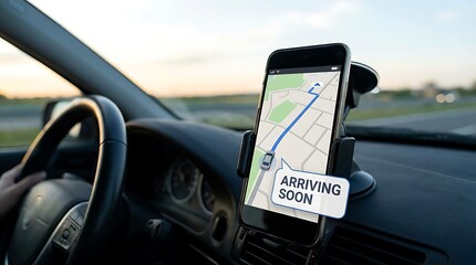 Smartphone navigation app displaying route and arrival time inside a car.