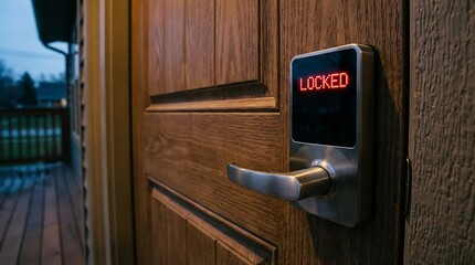 Smart Lock on Wooden Door Showing Locked Status.