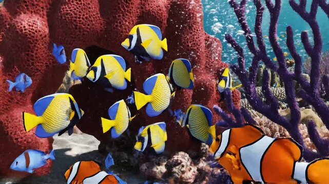 Vibrant marine ecosystem featuring exotic tropical fish swimming amidst a diverse coral reef structure within a crystal clear turquoise ocean abyss rendered in high fidelity 3D digital art.