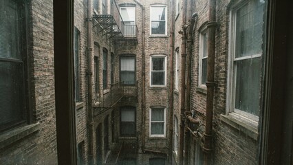 View into a dark and dirty brick building courtyard from a window, depicting urban decay and old architecture in eastern europe.