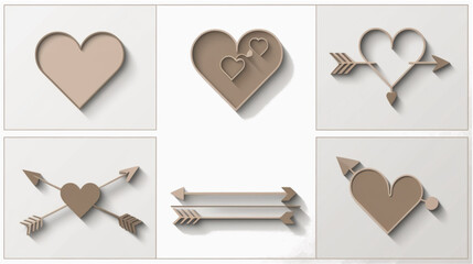 A collection of six elegant, minimalist heart and arrow icons in a neutral beige palette. The set features modern 3D depth effects with soft shadows, including various romantic motifs such as hearts 