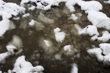 Detailed close up shot of melting winter snow and ice blocks floating in a dark muddy puddle on the cold ground