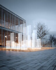 Corporate innovation theme with transparent charts over modern architecture