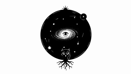 Whimsical owl beneath a cosmic eye within a starry galaxy
