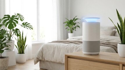 Air purifier with blue light on a wooden nightstand in a bright bedroom with green plants for clean and healthy air at home.