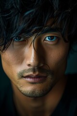 Obraz premium Portrait of a man with dark hair and intense blue eyes showcasing deep expression and focus in studio setting