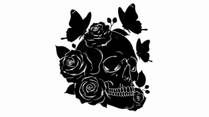 Mysterious black skull adorned with dark roses and fluttering butterflies on a white background.