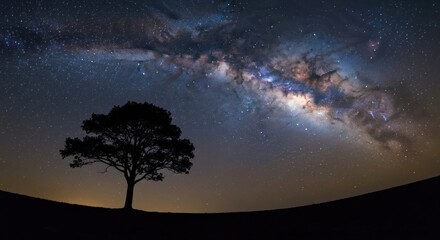 Silhouetted tree against a vast night sky, Milky Way prominent