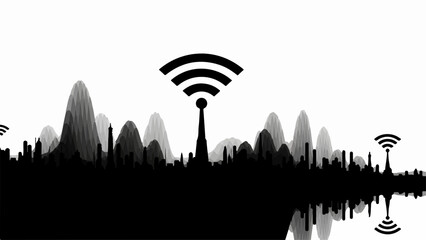 Abstract sound wave visualization with prominent wireless signal icons representing connectivity.