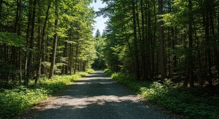 Sunlit gravel path through a dense forest