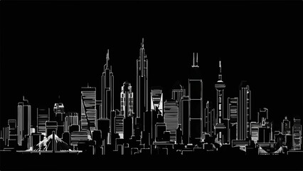 Modern city skyline silhouette on a dark background, a symbol of urban development and ambition.