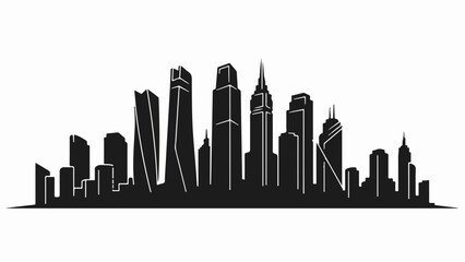Modern cityscape silhouette with diverse skyscrapers against a white background
