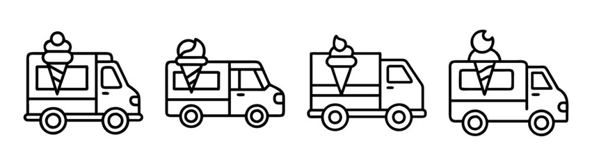 Ice cream truck vector illustration: vintage food truck, summer treat, dessert vehicle, outline art