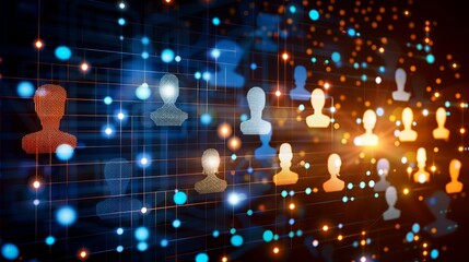 Abstract network of glowing silhouettes connected by data flows in blue and orange colors