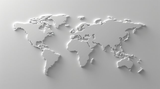 Minimalist white 3d world map featuring embossed continents on a clean background