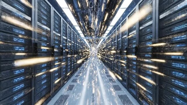 An infinite corridor with rows of servers abstract light patterns and a receding perspective