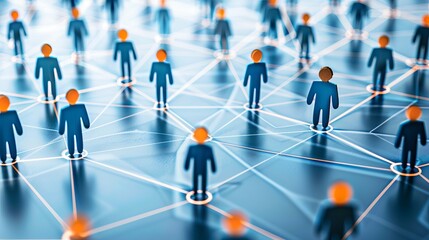 Futuristic network of glowing lines connecting silhouettes in dark blue and orange hues