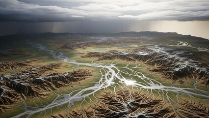 Expansive aerial view of a braided river system flowing through a rugged, mountainous landscape under a dramatic, stormy sky.