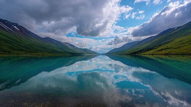 Verdant mountains flank a calm, reflective turquoise lake under a dramatic sky