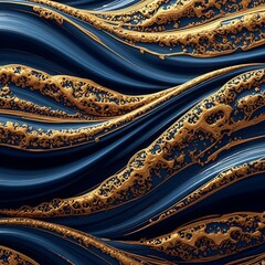 Abstract flowing waves of deep indigo and richly textured gold create a luxurious pattern