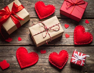Valentine's Day. presents, heart felt and decor on wooden background