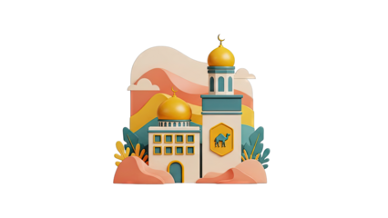 3D Mosque Illustration with Desert Elements