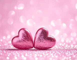 Two Hearts On Pink Glitter In Shiny Background