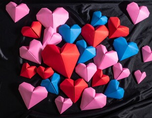 Happy Valentine's Day banner. Holiday background design with big heart made of pink, red and blue Origami Hearts on black fabric background.
