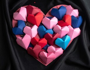 Happy Valentine's Day banner. Holiday background design with big heart made of pink, red and blue Origami Hearts on black fabric background.
