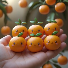 A Handful of Happy Little Oranges Adorable Kawaii Chibi Characters Resting on a Human Palm in Cinema