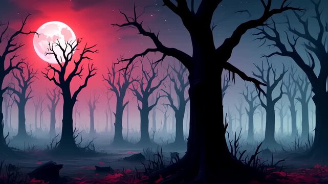 A spooky forest silhouetted under a blood-red sky, with a full moon and eerie fog