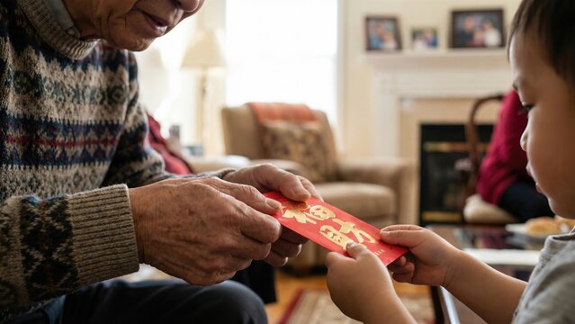 Old caucasian man giving red envelope with golden character to little asian child. Lunar New Year celebration, tradition for chinese new year and Spring Festival.