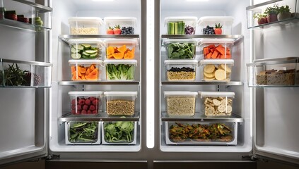 Open full refrigerator filled with fresh organized healthy meal prep food containers. Kitchen appliance concept, home organization, and healthy eating lifestyle.