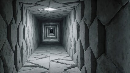 Fototapeta premium Long, narrow, stone tunnel with central lighting and textured walls