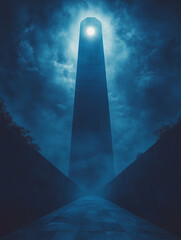 Mroczny monolit z jasnym okiem na szczycie, widziany z dołu wąską ścieżką. Dramatyczne chmury i monochromatyczna, głęboka niebieska kolorystyka.
