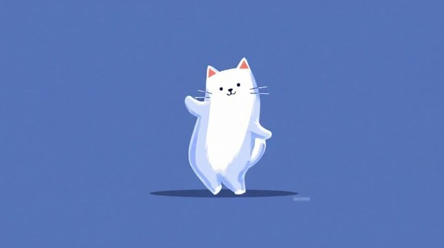 Cartoon white cat performing a funny dance on a blue background