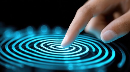 Futuristic Fingerprint Technology: Close-Up of a Finger Interacting with Virtual Biometric Interface