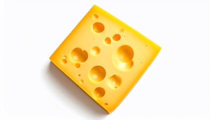 Isolated top-down shot of a square slice of Swiss-style cheese, with prominent holes