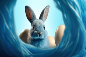 Obraz premium Sweet rabbit peeking from a blue basket with beige easter eggs, celebrating spring