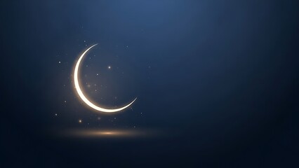 Elegant abstract background with a glowing golden crescent moon (Hilal) against a deep navy blue night sky
